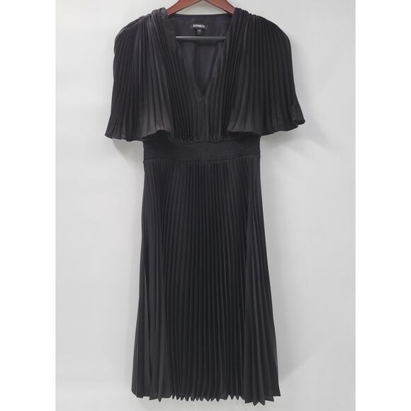 Express Pleated‎ Dress Womens S Black Silky Satin Puffy Sleeve Smock Waist Flowy - Picture 1 of 16